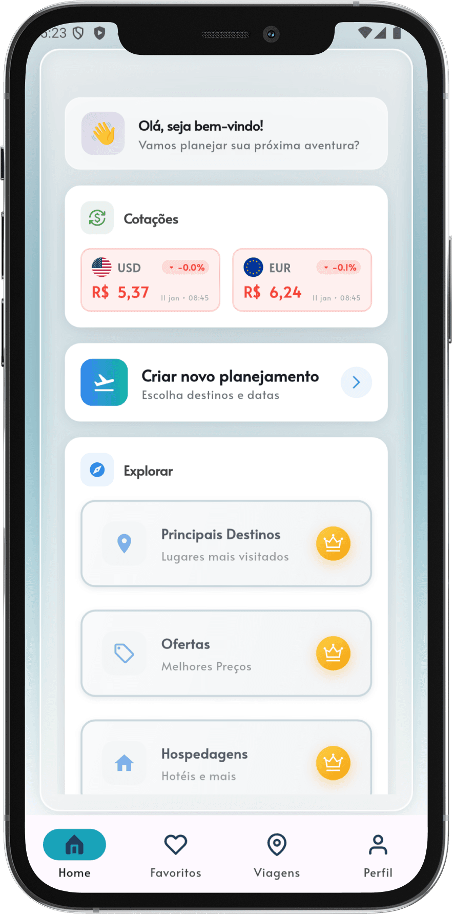 Tela inicial do Agent Trip com visão geral de viagens, câmbio e acesso rápido